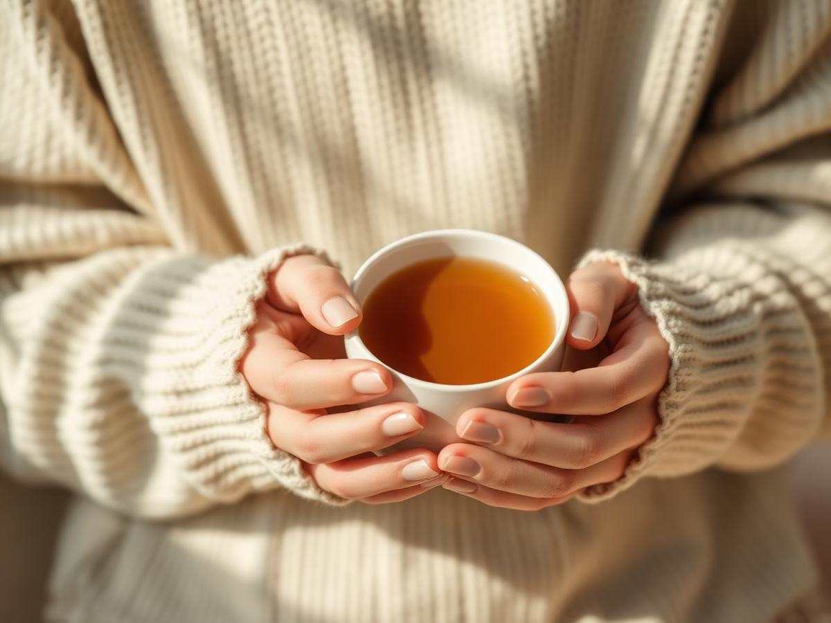 Hands gently holding a warm cup of tea